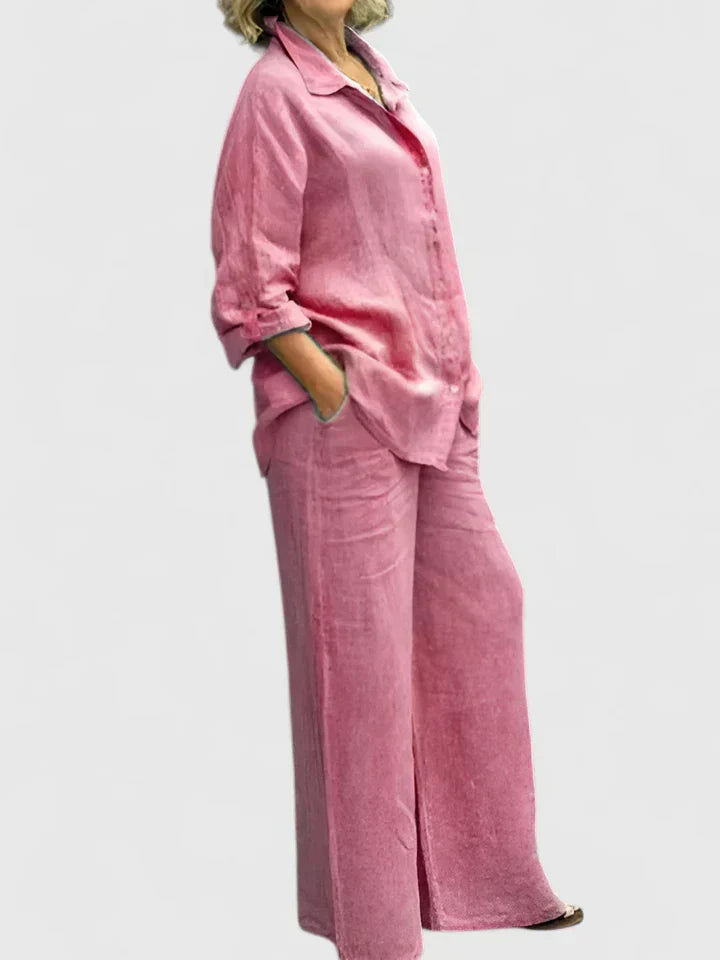 Roslyn | Women's Two-Piece Set: Button-Down Shirt and Wide Leg Pants