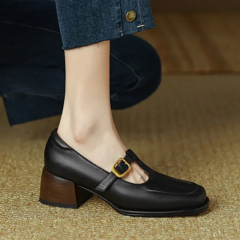 Wren | Women's T-Strap Mary Jane Shoes with Square Toe and Low Block Heel