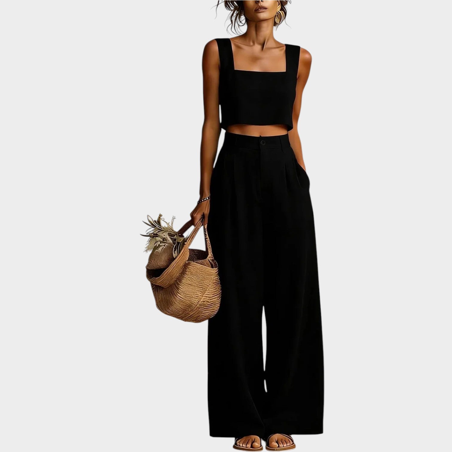 Linen Two Piece Set Crop Top & Wide Leg Pants