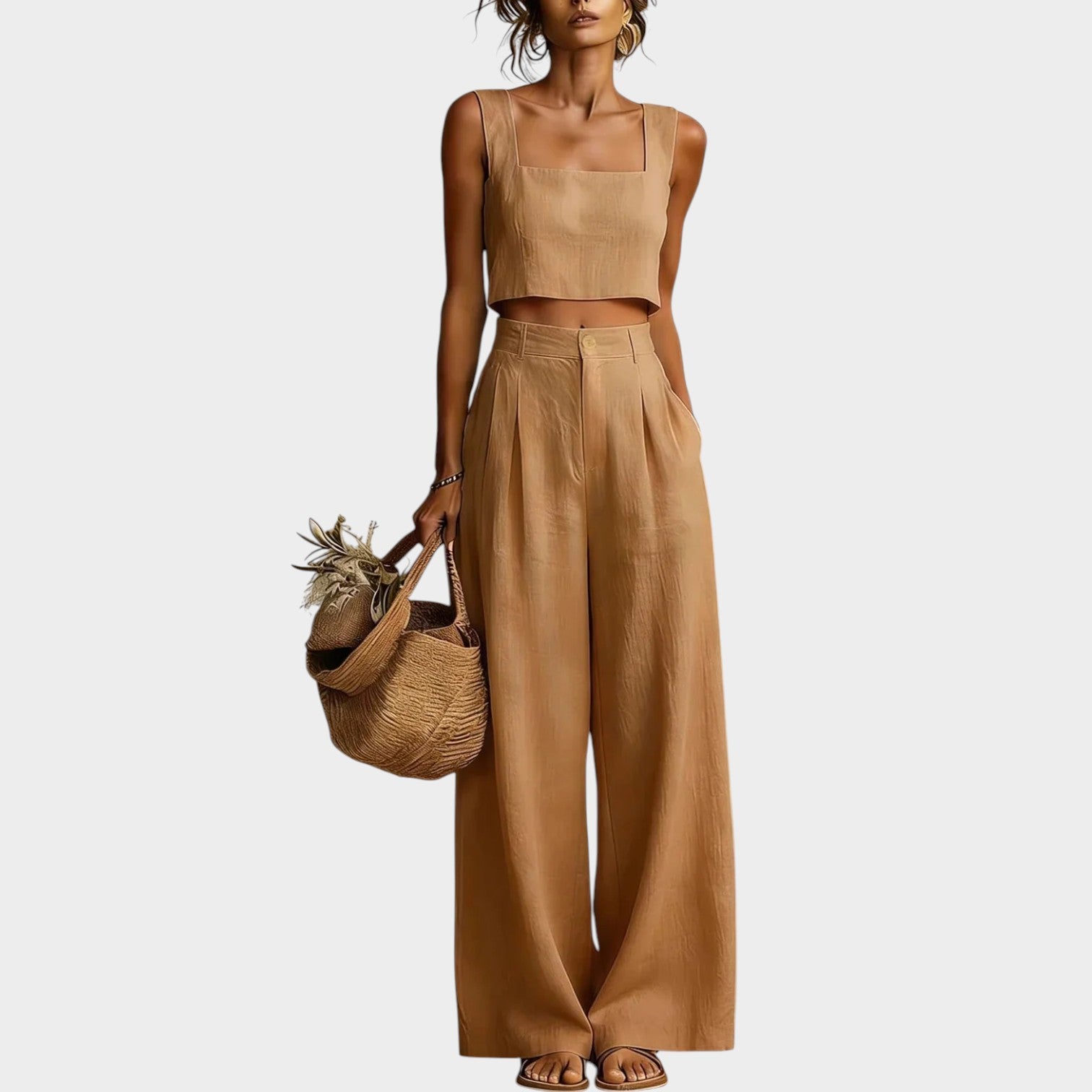 Linen Two Piece Set Crop Top & Wide Leg Pants