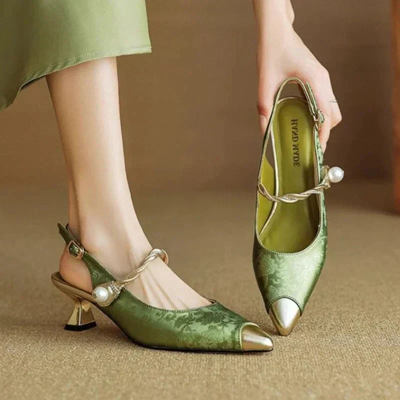 Fleur | Women's Pointed Toe Slingback Kitten Heels with Pearl Strap