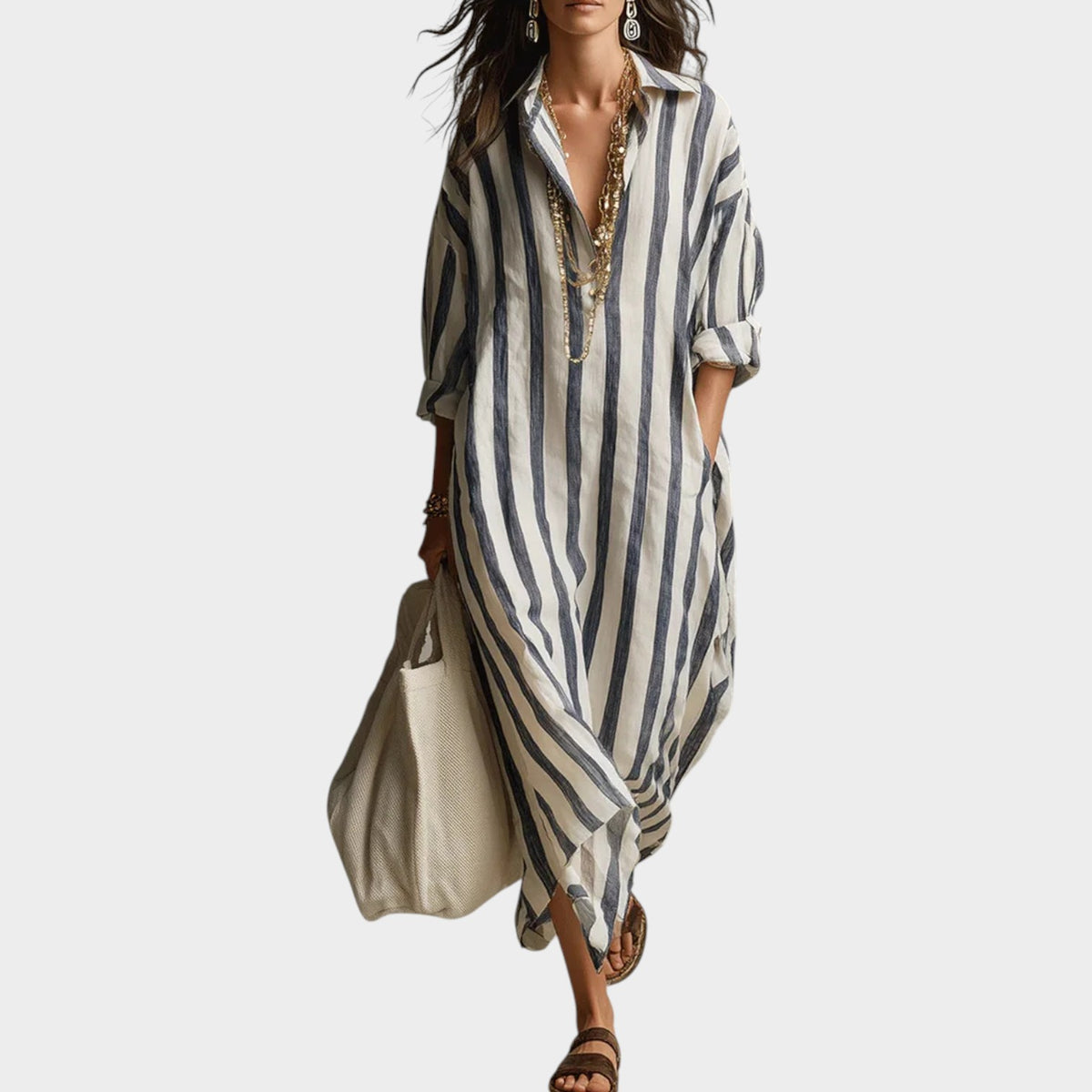 Women's Striped Midi Dress Linen Shirt V Neck