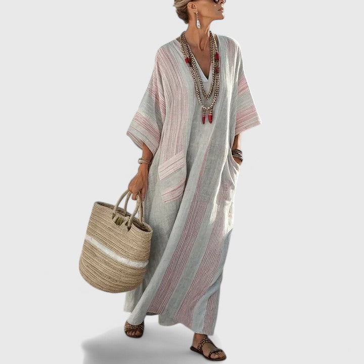 Sage | Women's Striped Linen Maxi Dress with V-Neck and Pockets