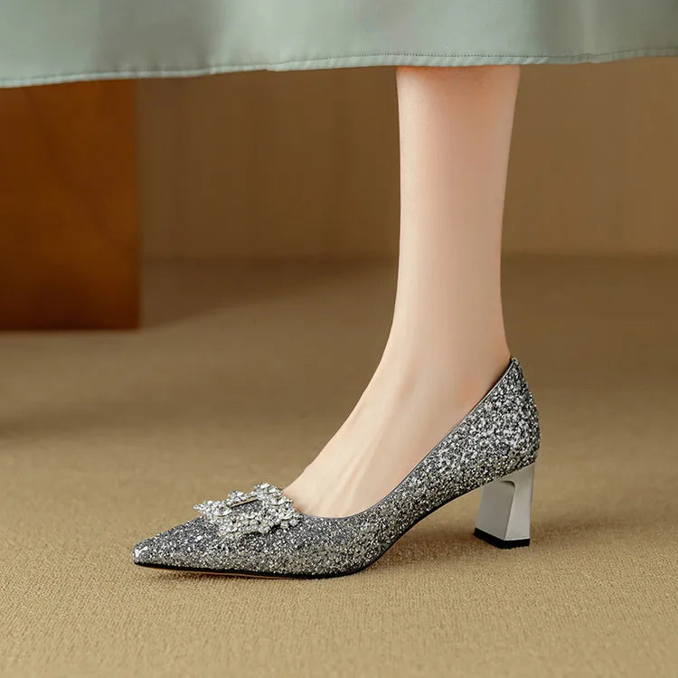 Stella | Women's Pointed Toe Glitter Block Heel Pumps with Crystal Buckle