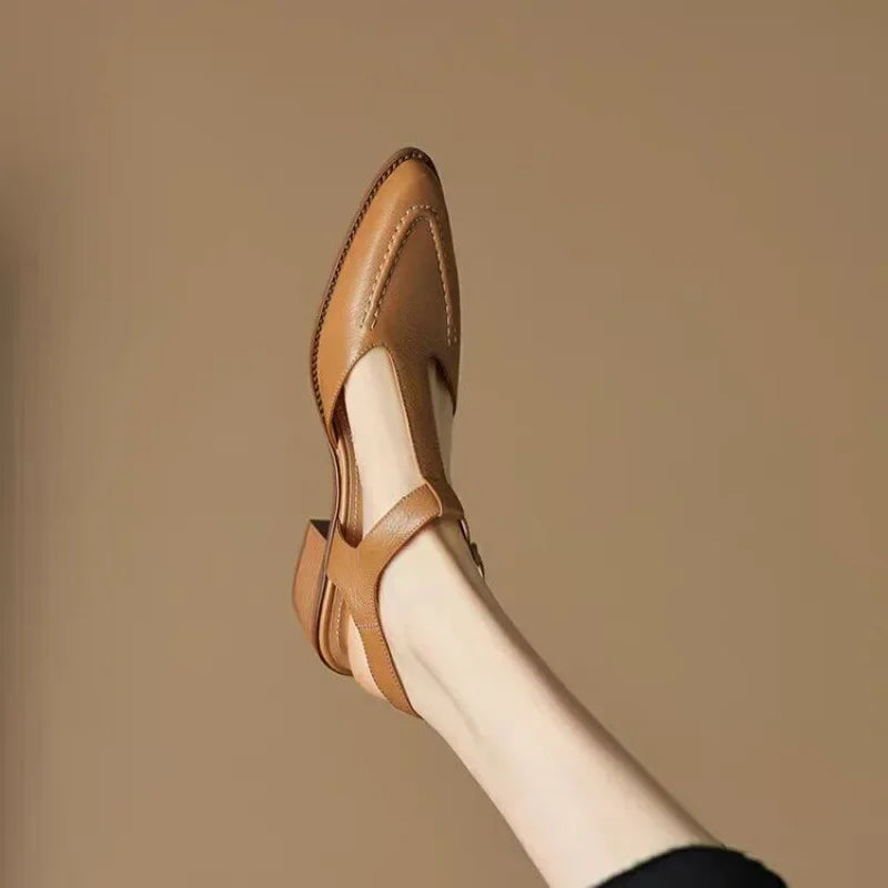 Sloane | Women's Pointed Toe T-Strap Buckle Flats with Low Heel