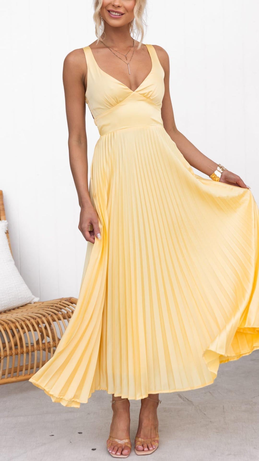 Rosalind | Women's Pleated V-Neck Maxi Dress for Wedding Guests