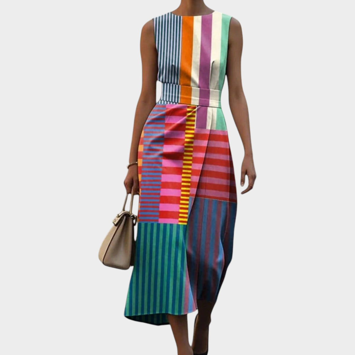 Women’s Geometric Colour-Block Midi Dress Sleeveless Round Neck