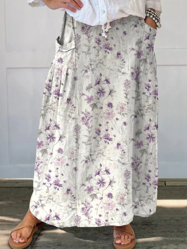 Eloisa™ Vintage Floral Print Pocket Skirt with Elastic Waistband