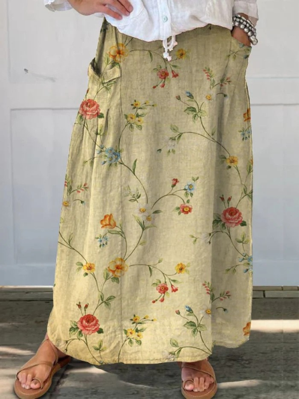 Mella™ | Vintage-Inspired Floral Print Skirt with Elastic Waistband and Pockets