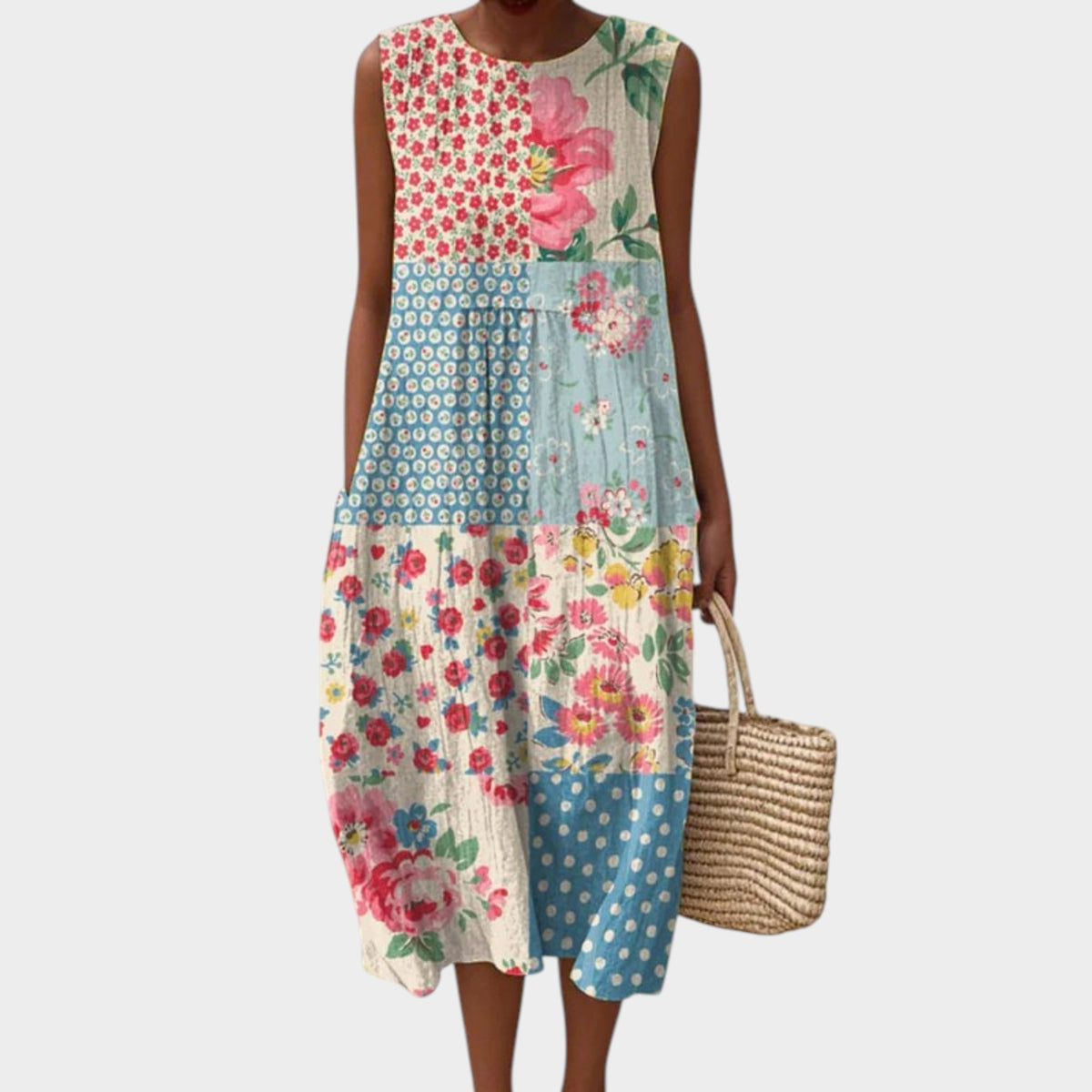 Women’s Patchwork Maxi Dress Sleeveless Floral Print A-Line