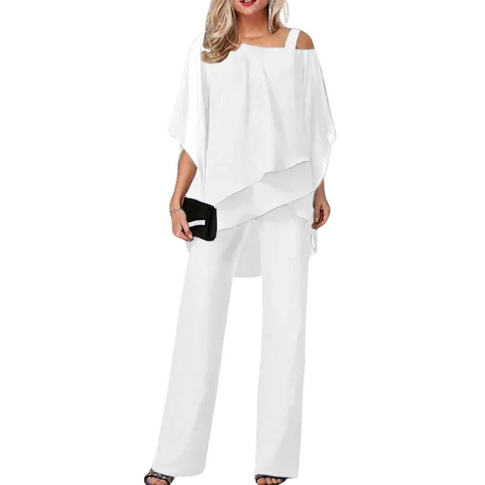 Vivienne | Women's Wide Leg Pantsuit with Chiffon Overlay and Batwing Sleeves