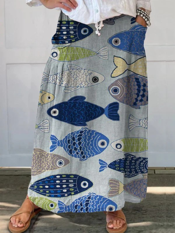 Trisia™ | Retro Fish Art Print Pocket Skirt