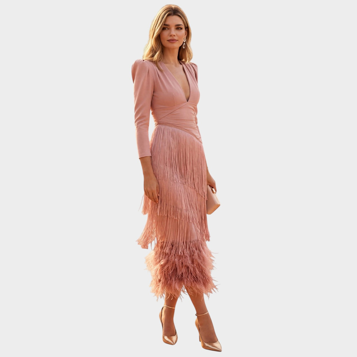 Women’s Maxi Fringe Dress with V-Neck and Long Sleeves