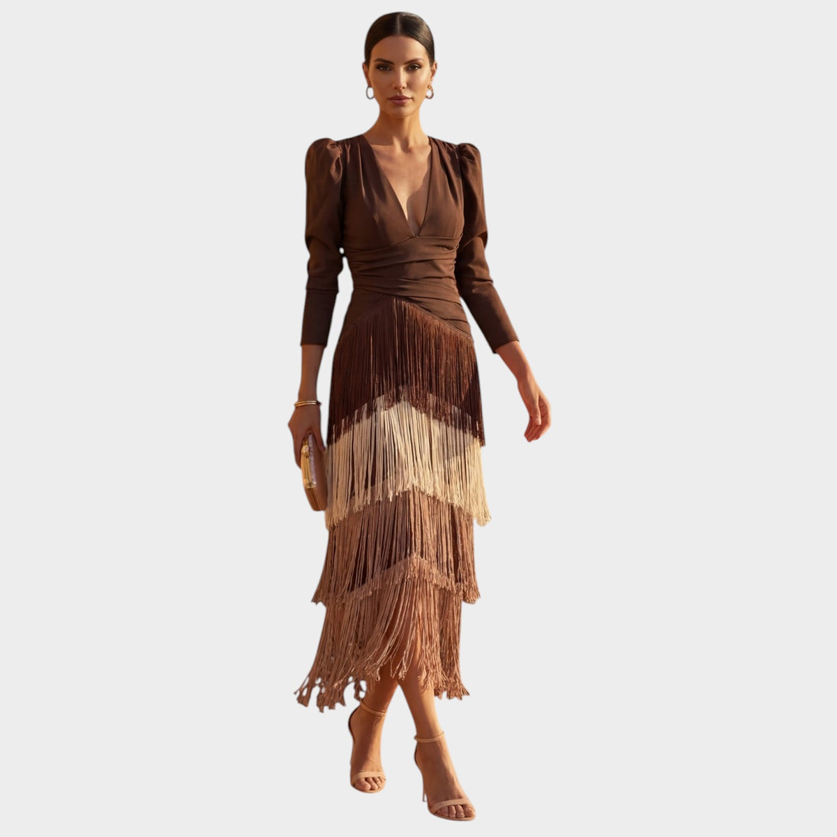 Women’s Maxi Fringe Dress with V-Neck and Long Sleeves