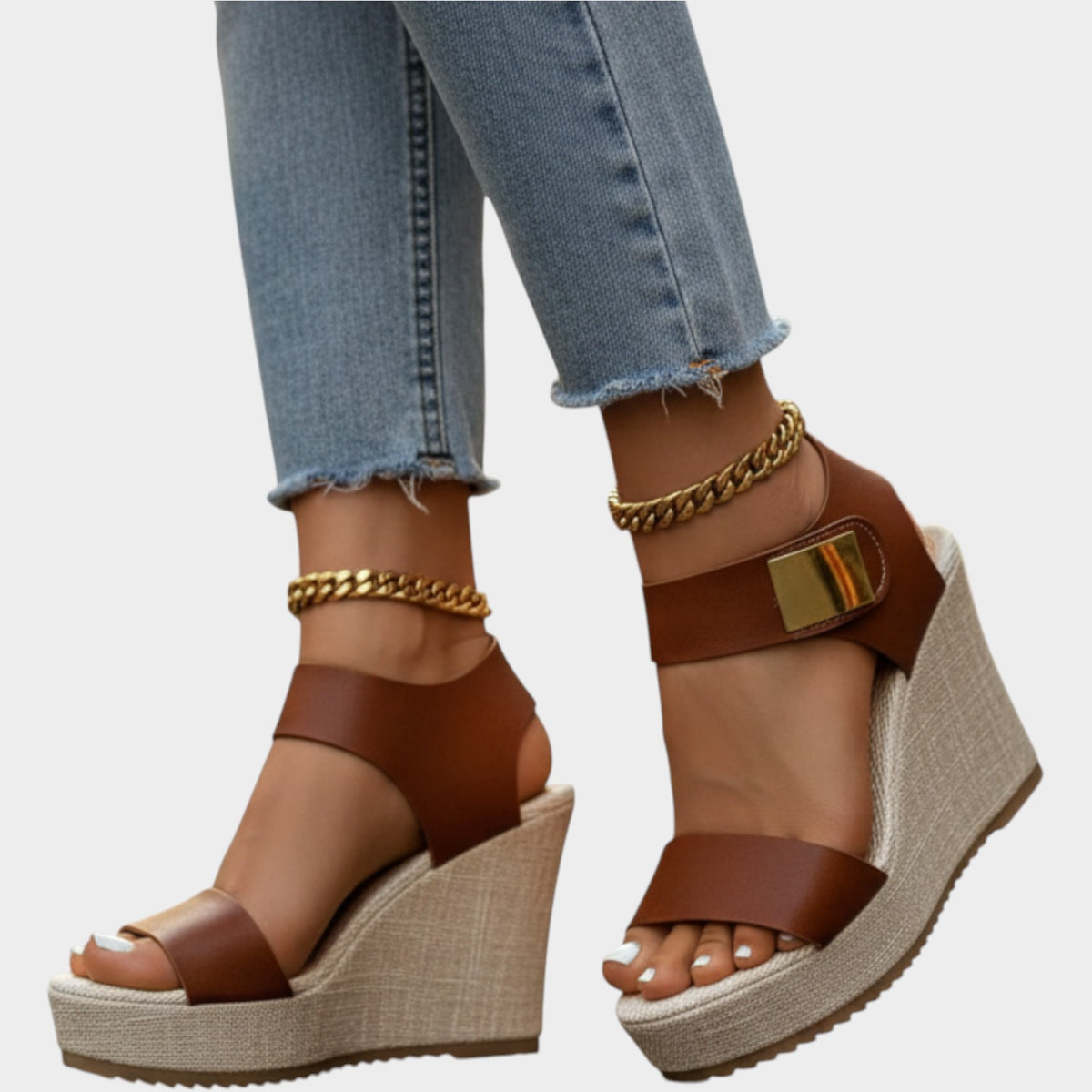 Women's Leather Wedge Sandals Open Toe with Buckle Details
