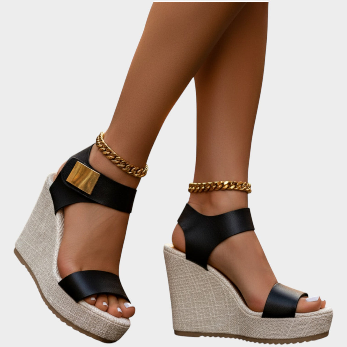 Women's Leather Wedge Sandals Open Toe with Buckle Details