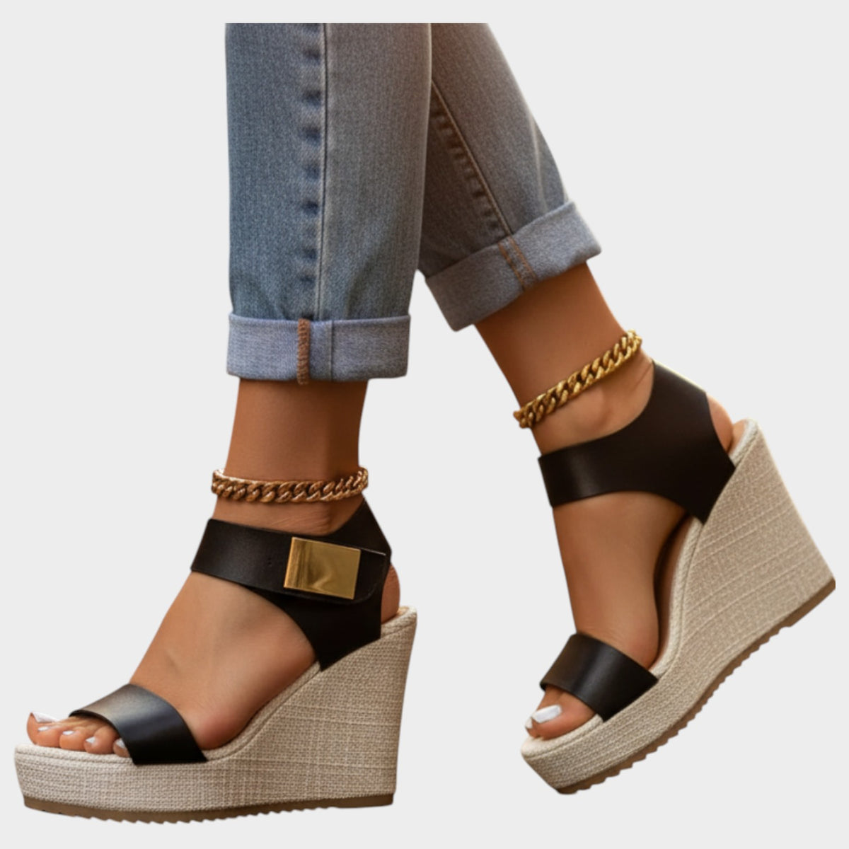 Women's Leather Wedge Sandals Open Toe with Buckle Details