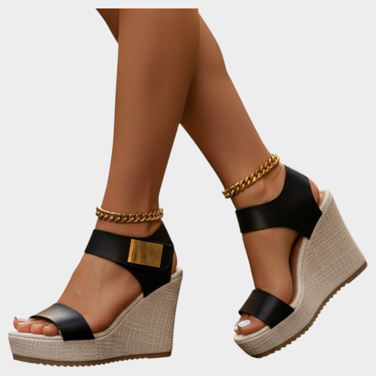 Women's Leather Wedge Sandals Open Toe with Buckle Details