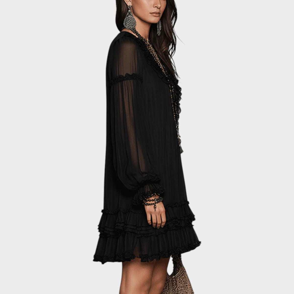 Women's Chiffon Mini Dress with Lantern Sleeve