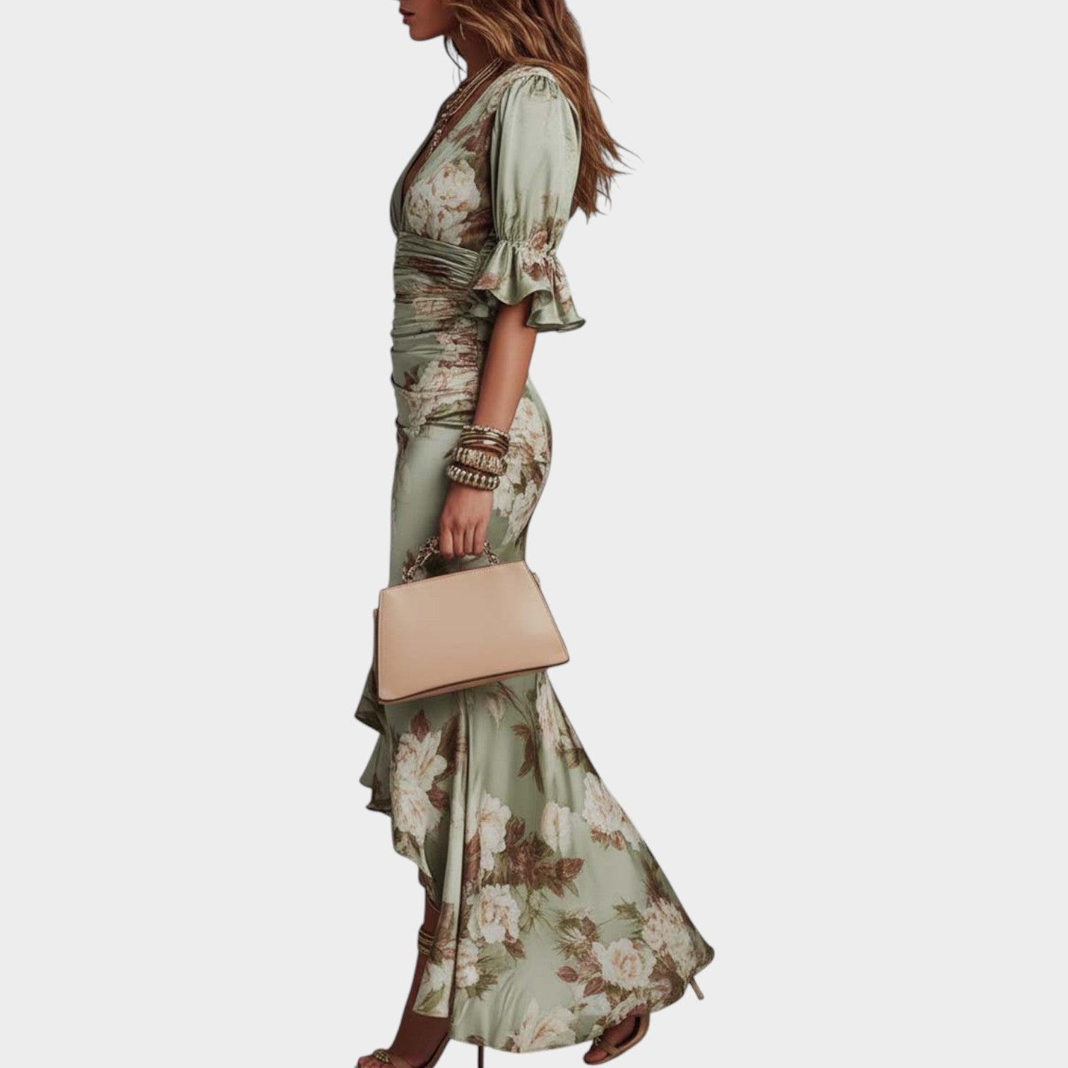 Floral Satin Wedding Guest Maxi Dress