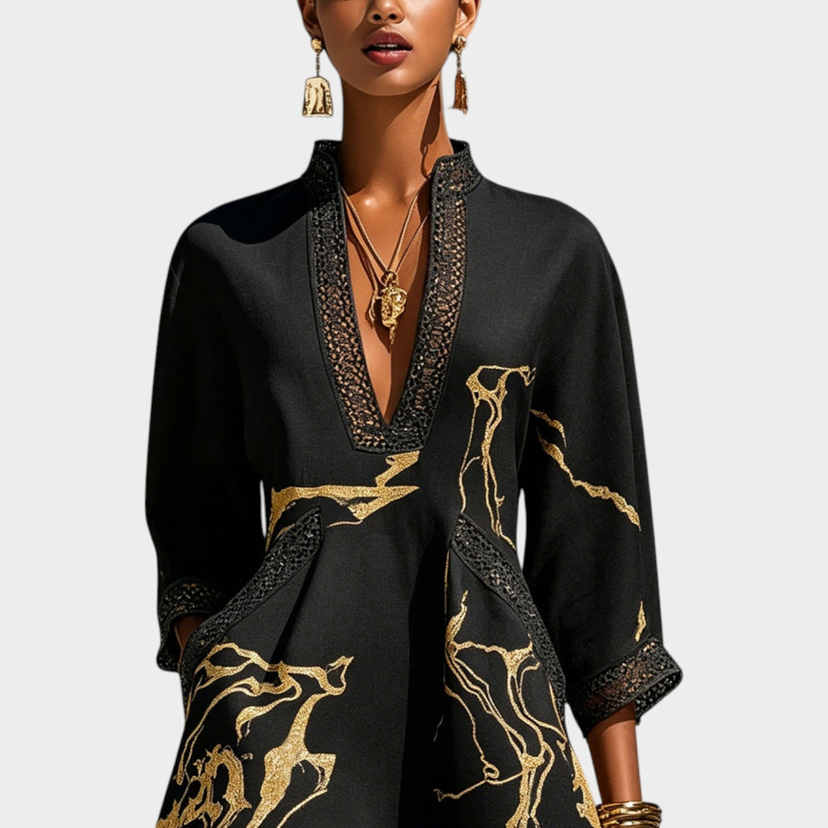 Women's Mini Dress Black Gold V-Neck