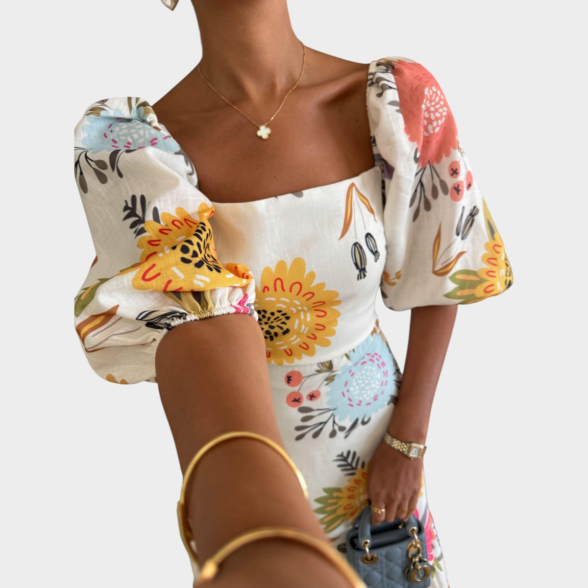 Women’s Floral Midi Dress with Puff Sleeves Square Neckline