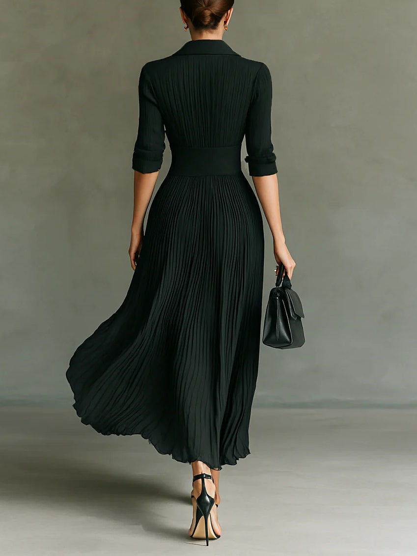 Lindsay™ | Chic Pleated Lapel Maxi Dress