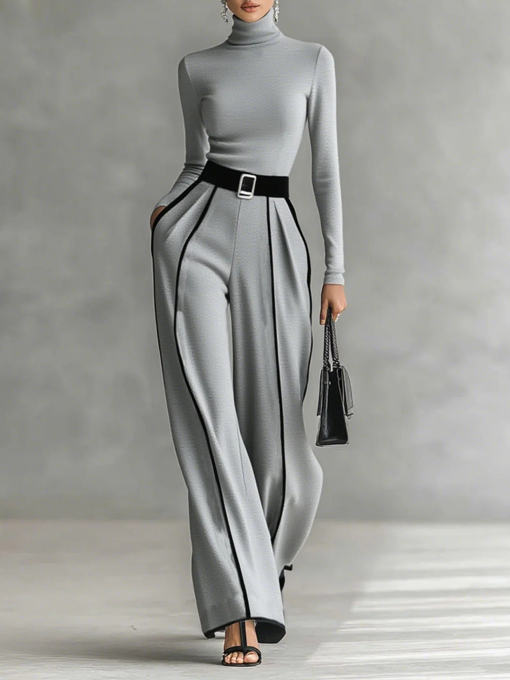 Linda™ | Belted High-Neck Top & Wide-Leg Pants Ensemble