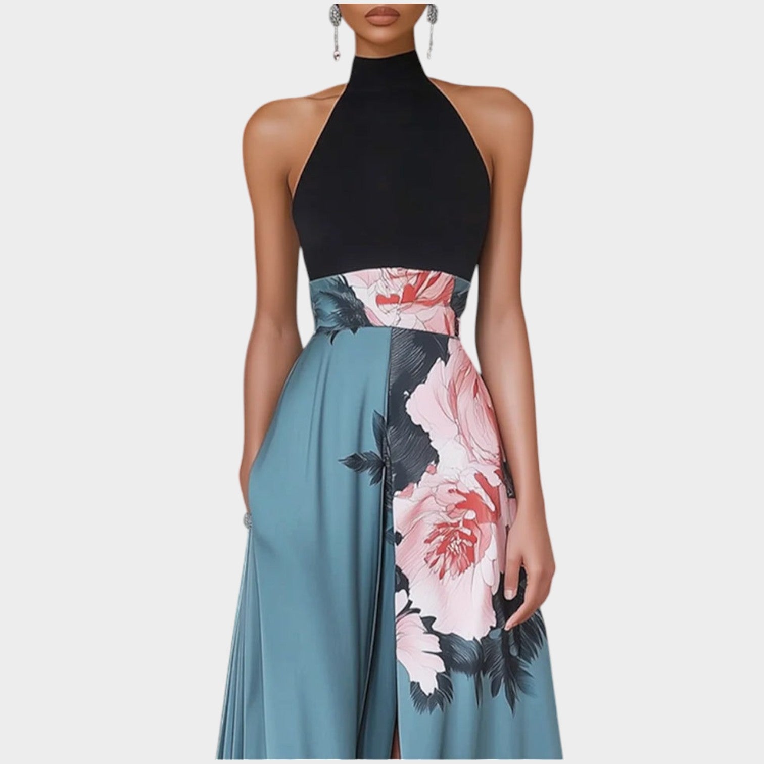 Halter Wedding Guest Maxi Dress with Floral Print & Side Split