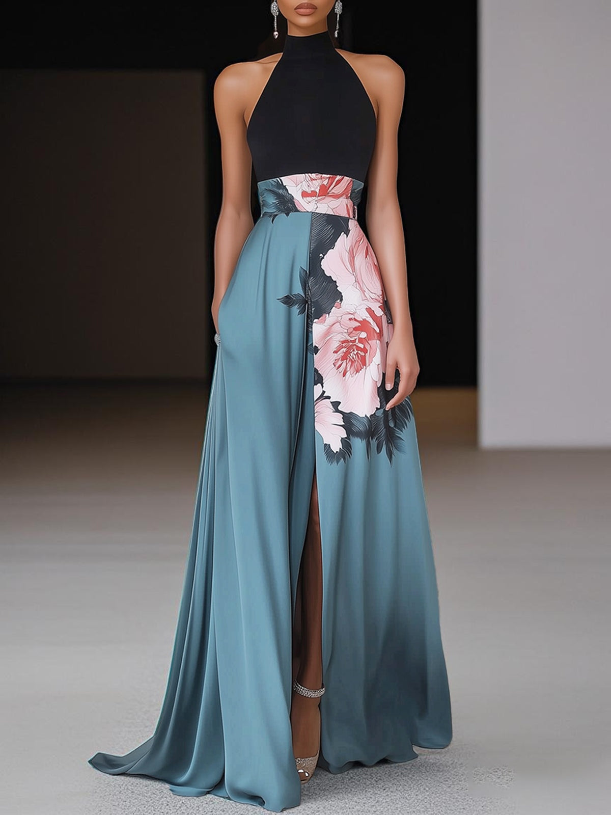 Janelle™ Black Floral A-Line Maxi Dress with Slit - Classic Crew Neck, Sleeveless