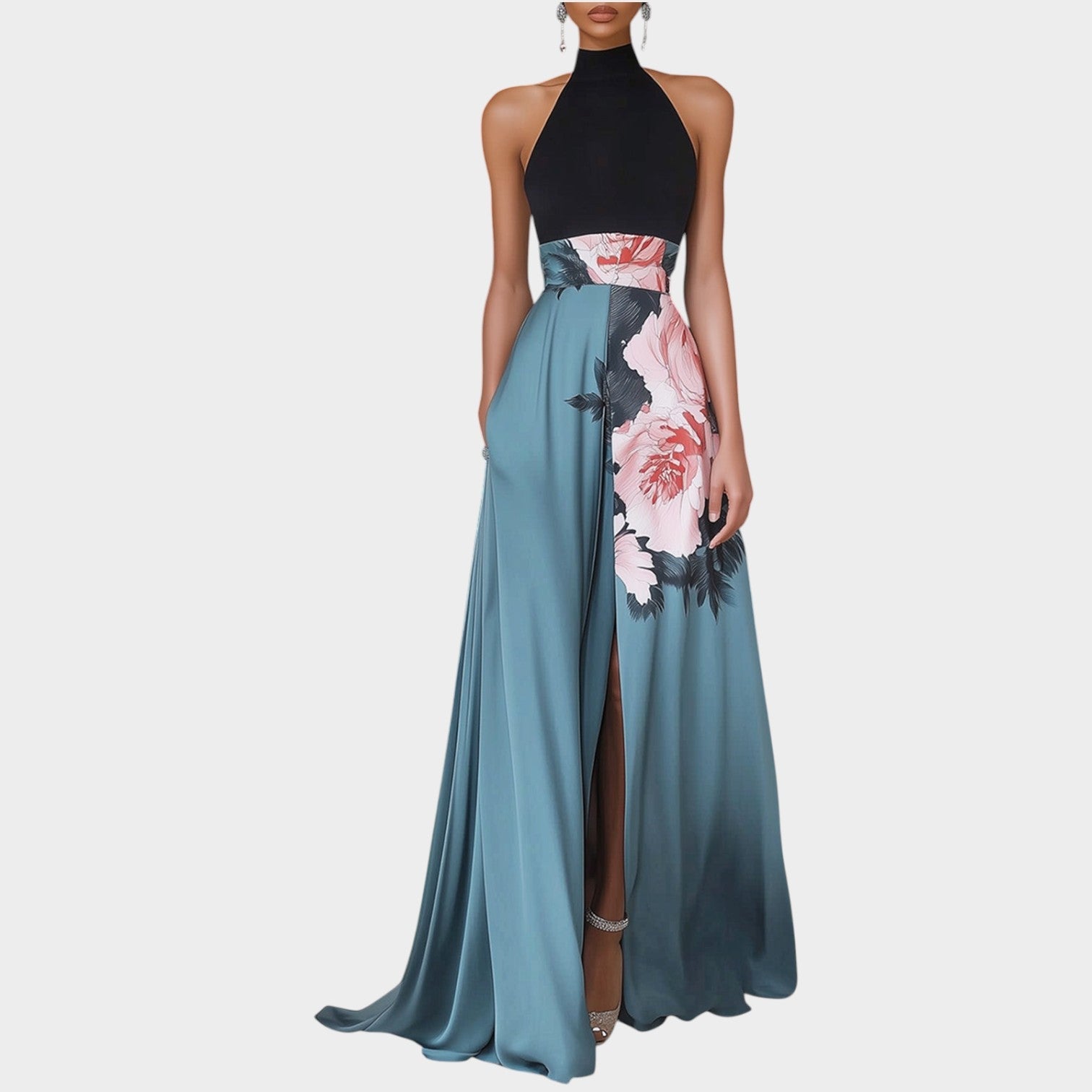 Halter Wedding Guest Maxi Dress with Floral Print & Side Split