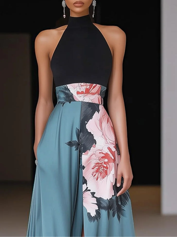 Janelle™ Black Floral A-Line Maxi Dress with Slit - Classic Crew Neck, Sleeveless