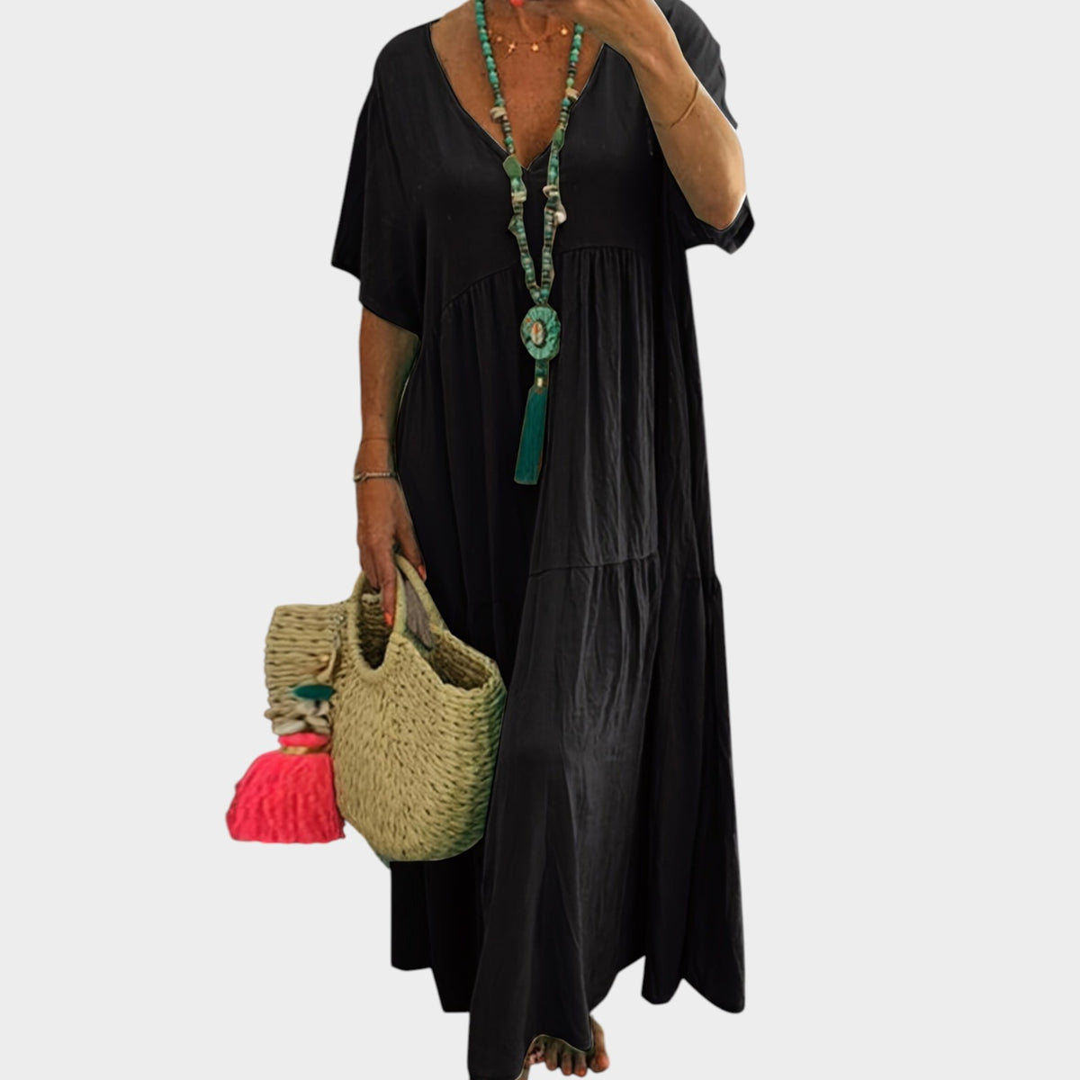 Women’s Tiered Maxi Dress with V-Neck and Short Sleeves