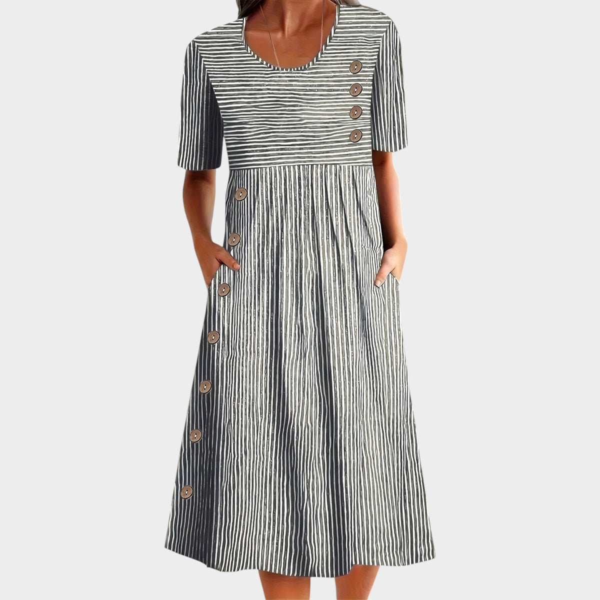 Women's Linen Midi Dress Stripped Short Sleeves