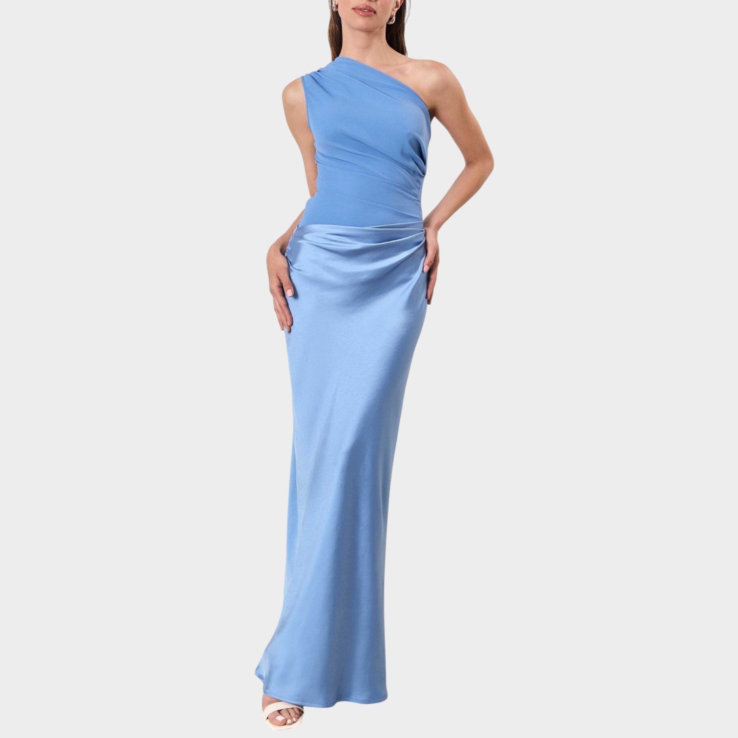 One Shoulder Wedding Guest Maxi Dress with Satin Skirt