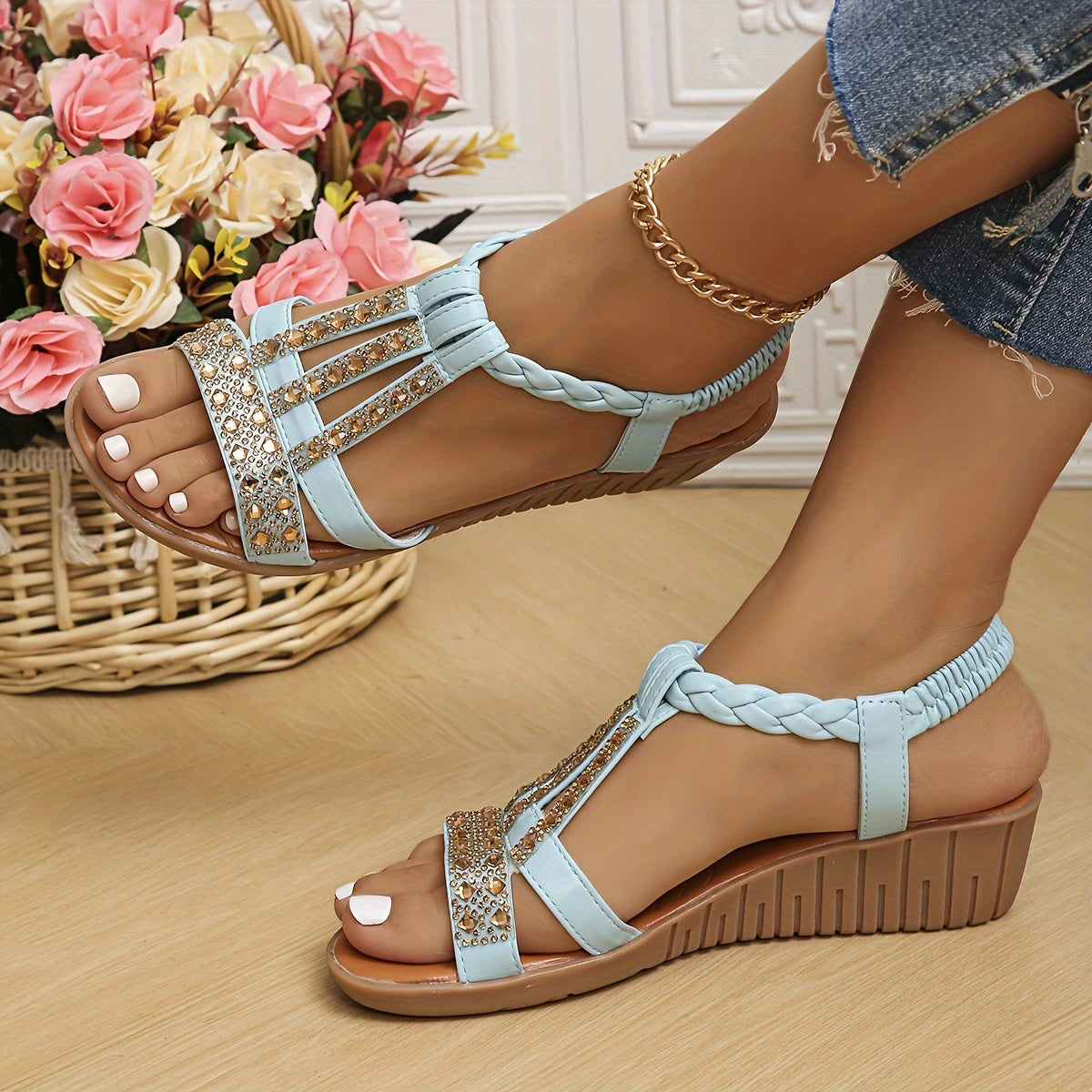 Darby | Women's Woven Sandals with Rhinestone Accents