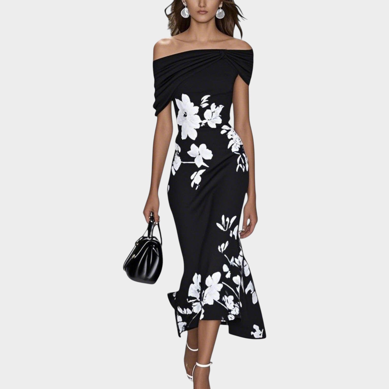 Off-Shoulder Floral Midi Wedding Guest Dress