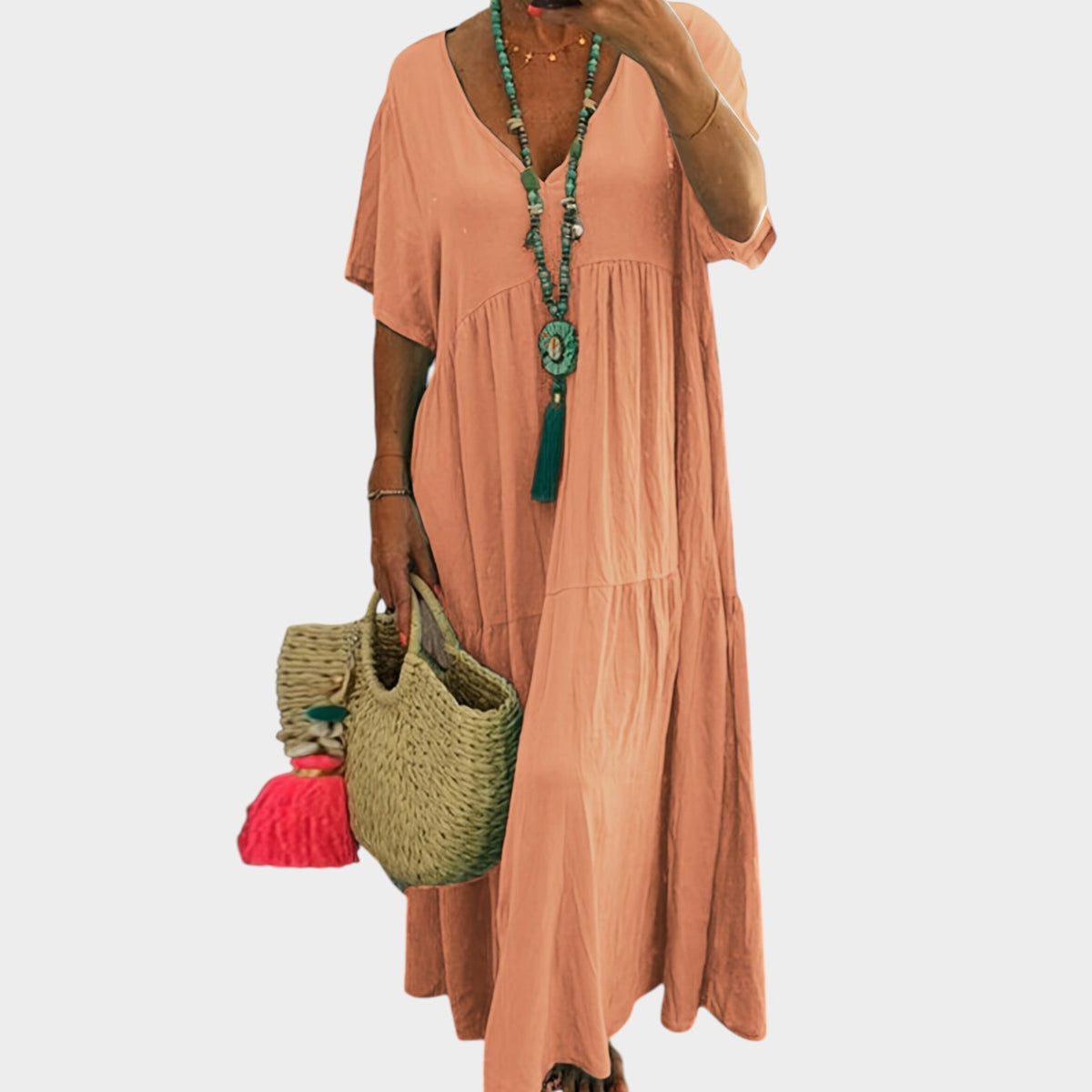 Women’s Tiered Maxi Dress with V-Neck and Short Sleeves