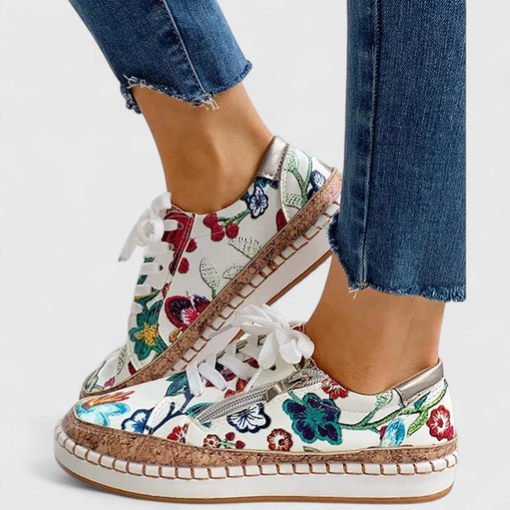 Dahlia | Women's Floral Lace-Up Platform Sneakers with Cork Sole