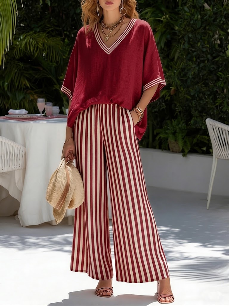 Brynn | Women's V-Neck Striped Wide Leg Pants Ensemble