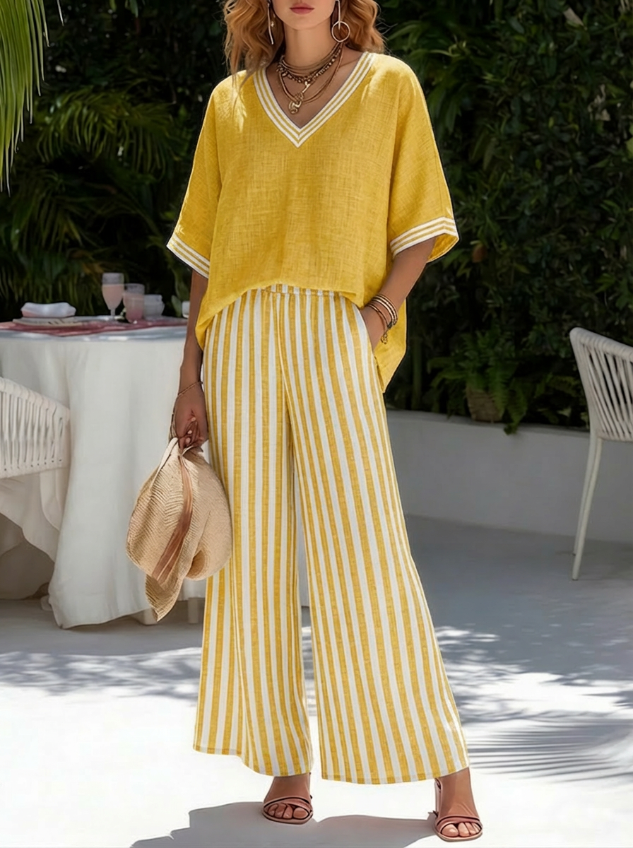 Brynn | Women's V-Neck Striped Wide Leg Pants Ensemble