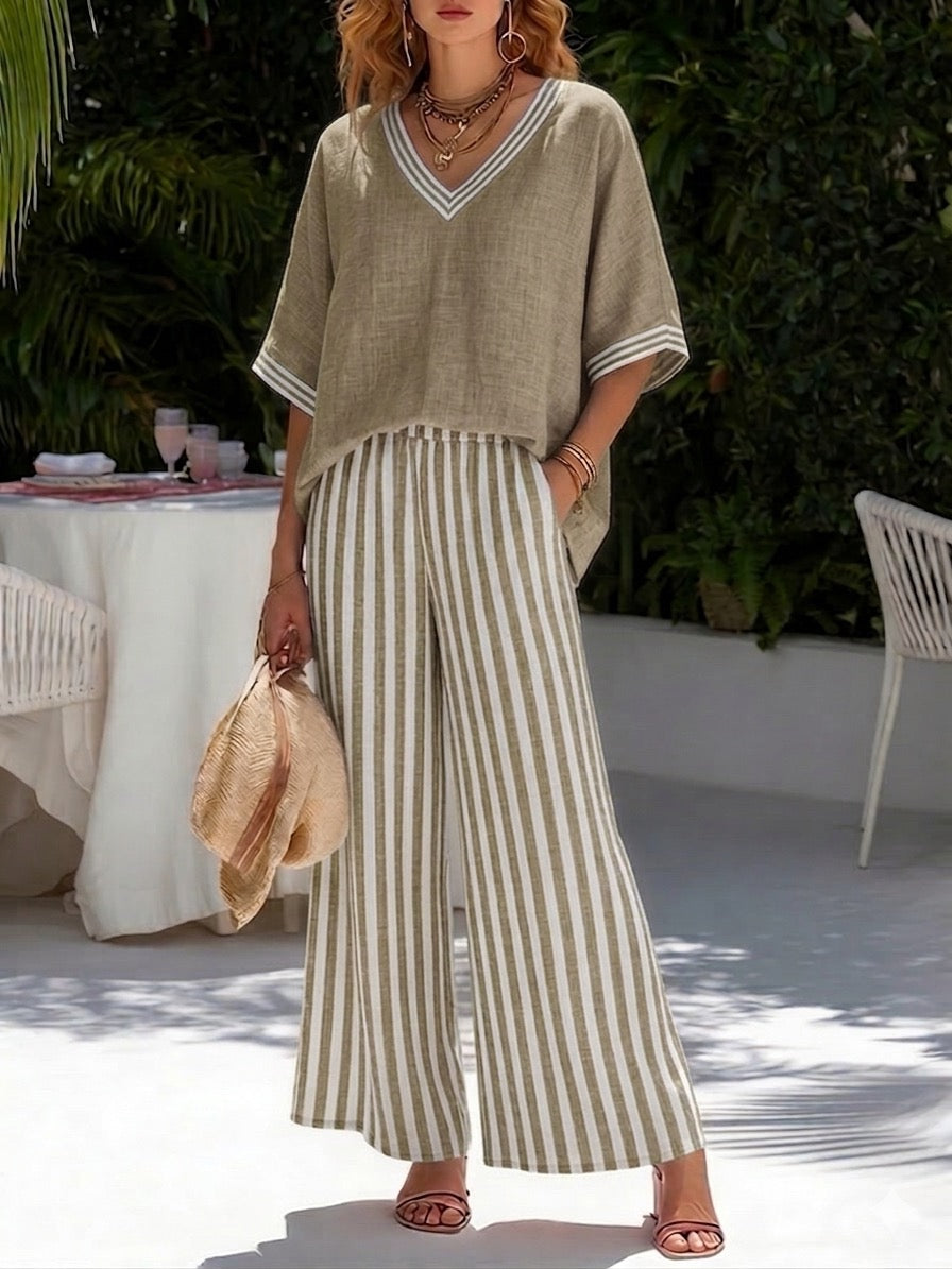Brynn | Women's V-Neck Striped Wide Leg Pants Ensemble
