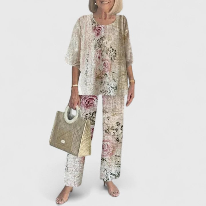 Fern | Women's Floral Print Casual Top & Wide-Leg Pants Ensemble