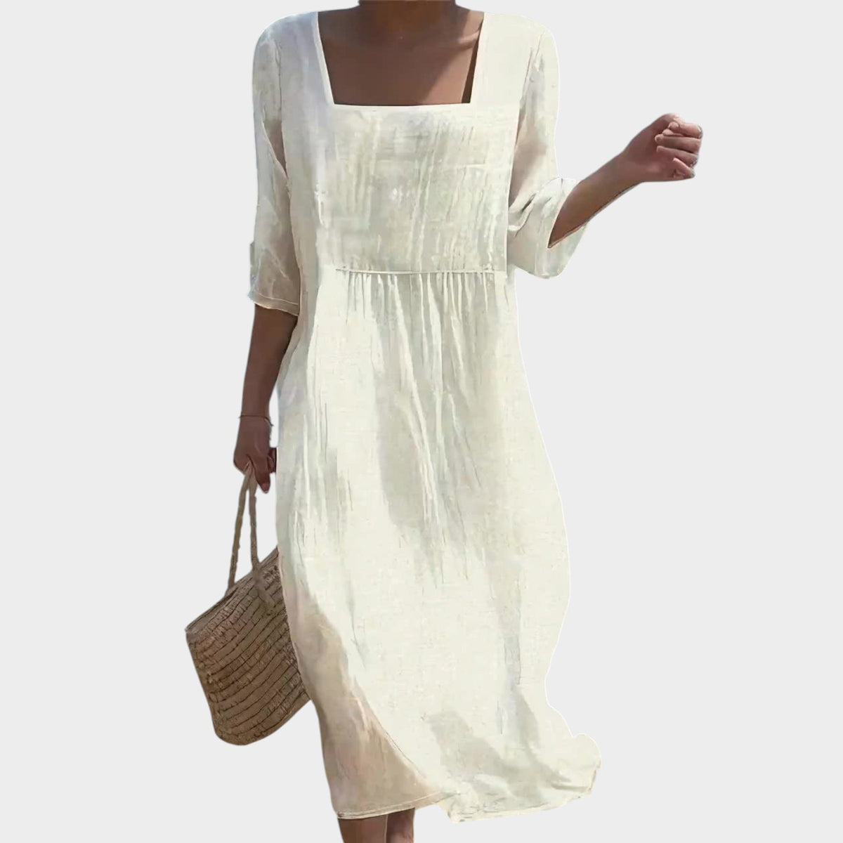 Women’s Casual Midi Dress with Square Neckline and Three-Quarter Sleeves