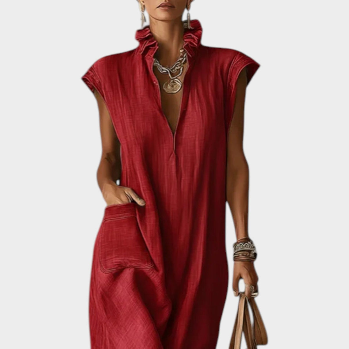 Women's Ruffled Collar Midi Dress Cap Sleeves V Neck