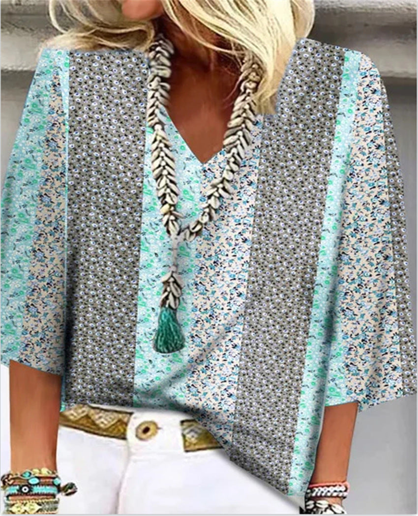 Mosaic Women's V-Neck 3/4 Sleeve Top in Ditsy Floral Patchwork