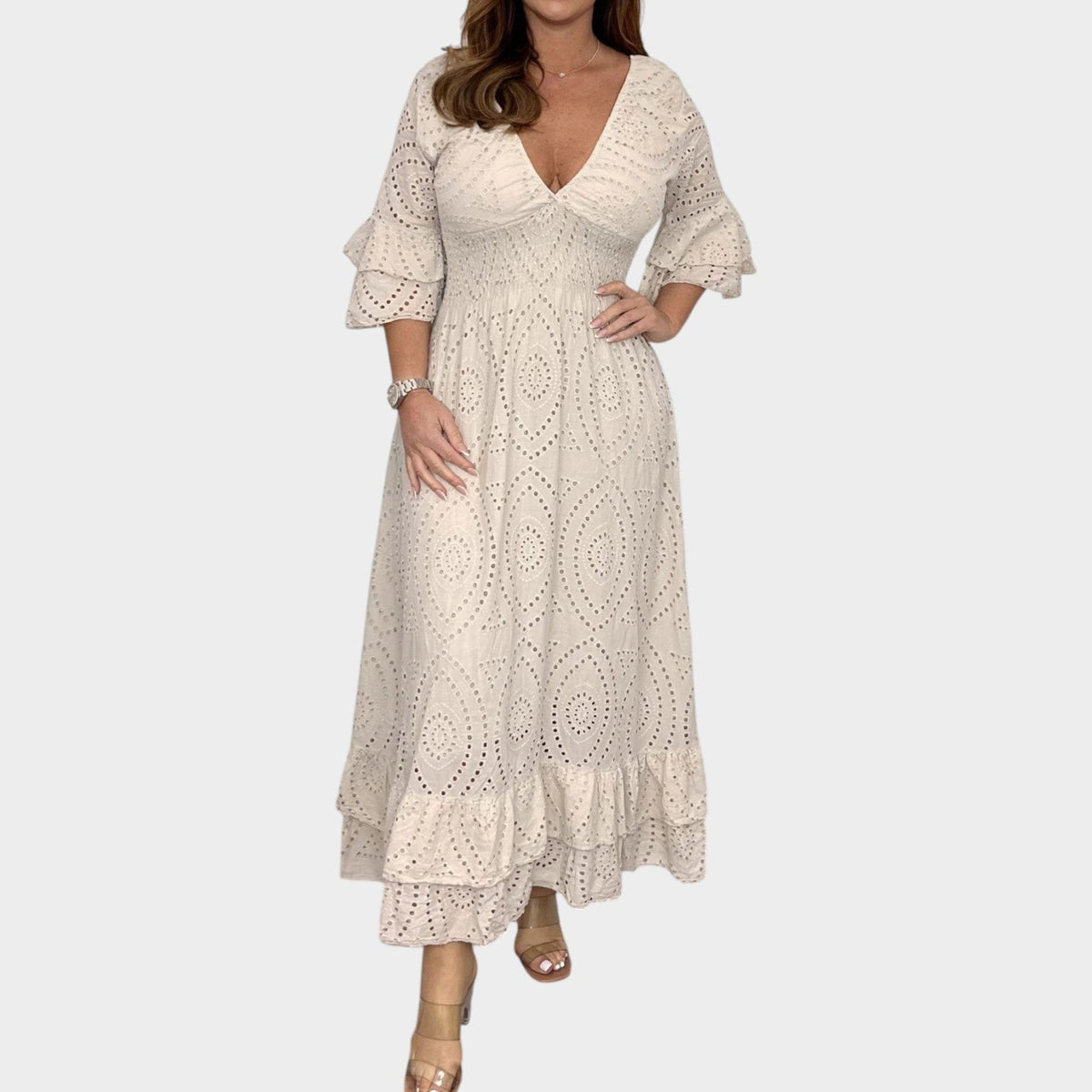 Women's Maxi Dress Eyelet Lace V-Neck