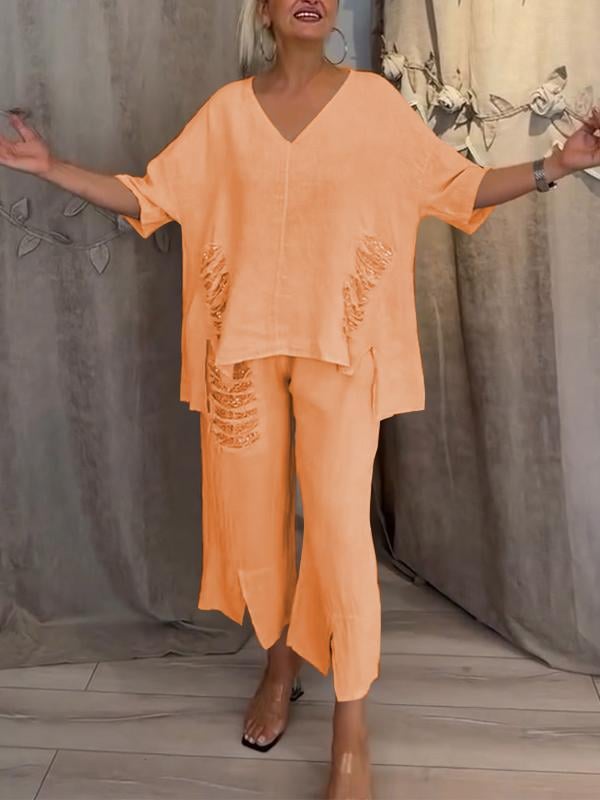 Pearl | Women's Casual V-Neck Top & Cropped Pants 2-Piece Set