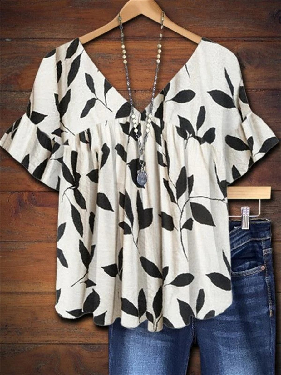 Willow | Women's V-Neck Blouse with Leaf Print and Ruffle Short Sleeves
