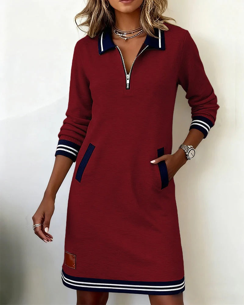 Chloe | Women's Midi Dress with Zip Front and Collared Design
